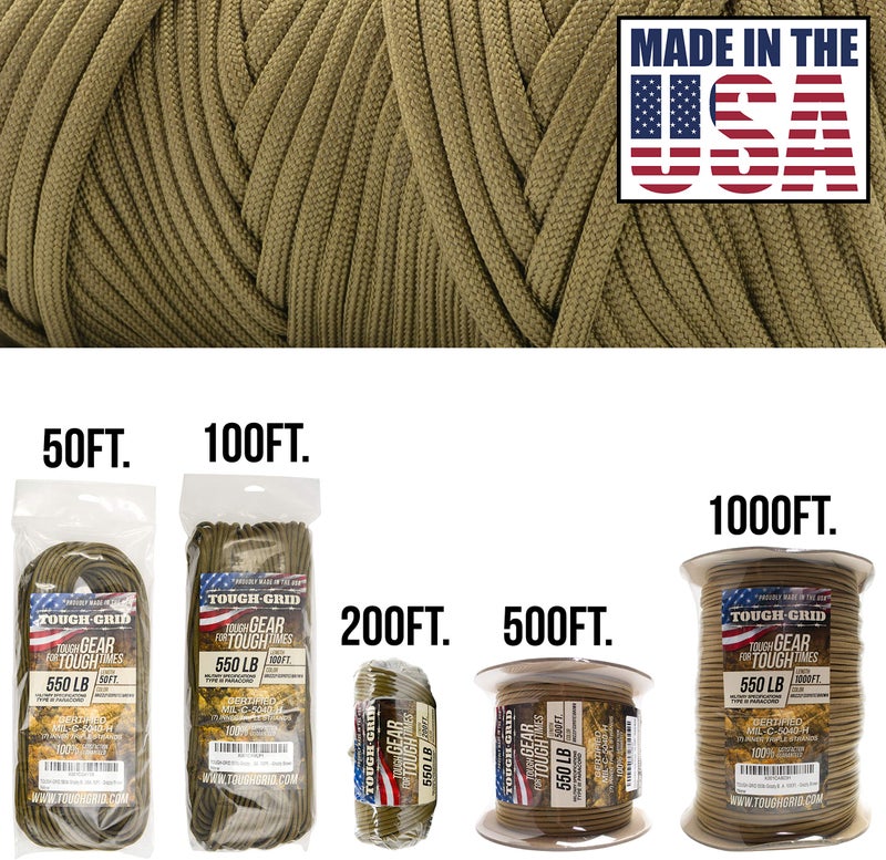 TOUGH-GRID 550 Paracord Rope Nylon Parachute Cord, Made in USA Survival Kit, Outdoor Adventures, Camping, Tactical Gear & Emergency Supplies, Military Type III Mil-Spec - Image 2